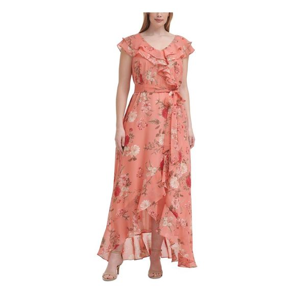 Jessica Howard Dresses Jessica Howard Womens Coral Lined Flutter Sleeve Maxi Faux Wrap Dress